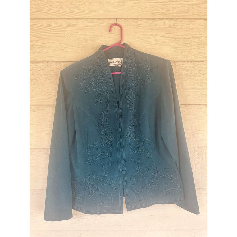 Vintage Karin Stevens Teal Blue Faux Suede Embroidered Dress Jacket Women's 14